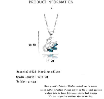 Unique S925 Sterling Silver Necklace with Austrian Horse Eye Crystal Swan Pendant 2.45g