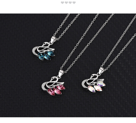 Unique S925 Sterling Silver Necklace with Austrian Horse Eye Crystal Swan Pendant 2.45g
