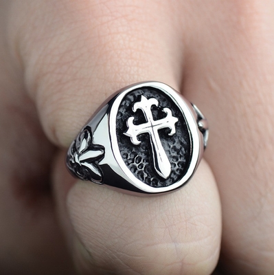 Stainless Steel Agate Cross Ring for Men in Europe or America Classic Style Jewelry