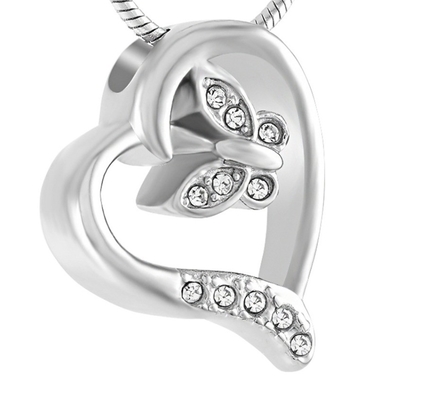 Crystal Butterfly Heart Keepsake Pendant Necklace Stainless Steel Cremation Ashes Urn