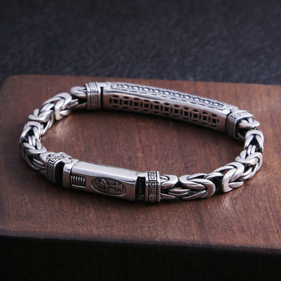 Transit Peace Print Bracelet S925 Sterling Silver Vintage Keel Woven Chain for Men
