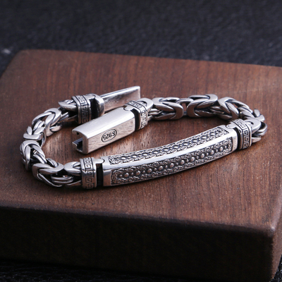 Transit Peace Print Bracelet S925 Sterling Silver Vintage Keel Woven Chain for Men