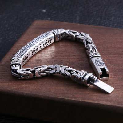 Transit Peace Print Bracelet S925 Sterling Silver Vintage Keel Woven Chain for Men