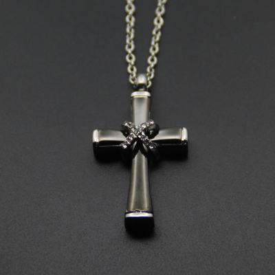 Flower Engraved Retro Cross Cremation Ashes Holder Necklace for Funeral Memorial