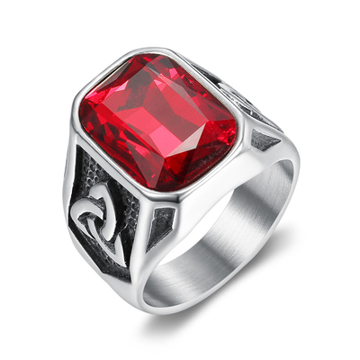 Stainless steel Red Ruby Cross Ring for Men in Europe or America Edgy Hip-hop Fashion