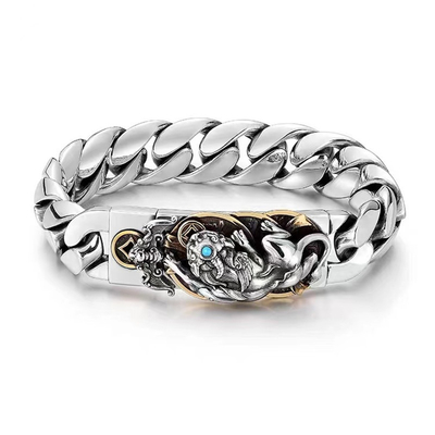 925 Sterling Silver Men's Fashionable High Sense Niche All Solid Turquoise Pixiu Bracelet