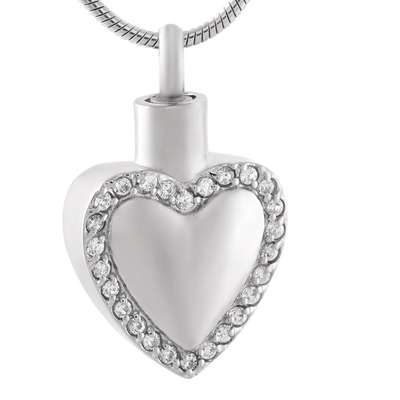 316L Stainless Steel Blank Engravable Heart Cremation Necklace White/Pink Crystal Edge