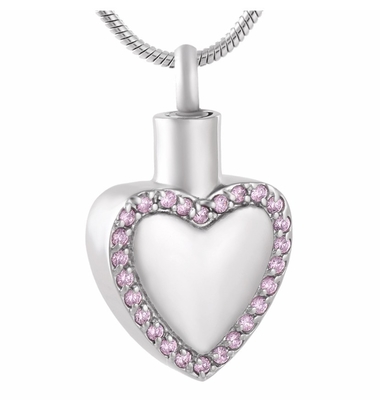 316L Stainless Steel Blank Engravable Heart Cremation Necklace White/Pink Crystal Edge