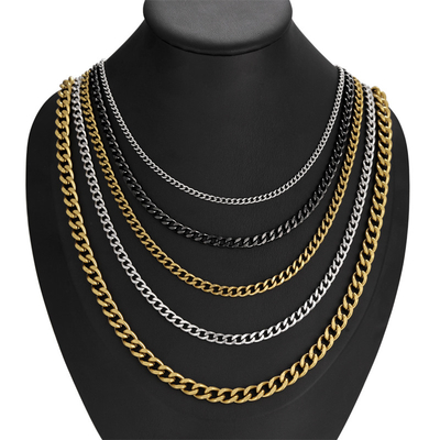 Unisex Cuban Link Chain Necklace in Gold and Black Color Stainless Steel Jewelry