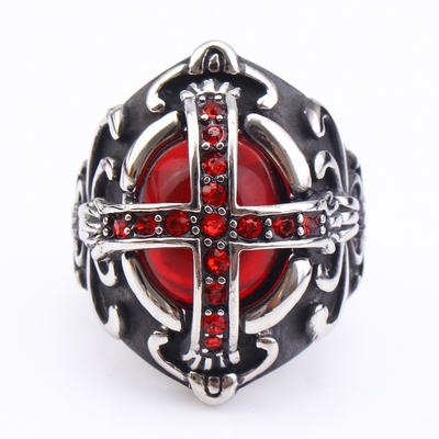 Trendy Men's Cross Ring Stainless Steel Red Diamond Gothic Retro Jewelry 28mmX23mm
