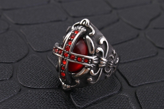 Trendy Men's Cross Ring Stainless Steel Red Diamond Gothic Retro Jewelry 28mmX23mm