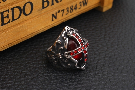 Trendy Men's Cross Ring Stainless Steel Red Diamond Gothic Retro Jewelry 28mmX23mm