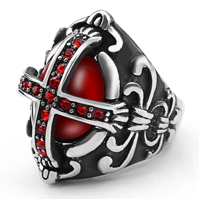 Trendy Men's Cross Ring Stainless Steel Red Diamond Gothic Retro Jewelry 28mmX23mm