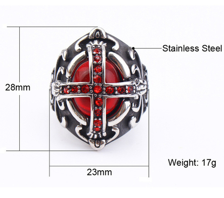 Trendy Men's Cross Ring Stainless Steel Red Diamond Gothic Retro Jewelry 28mmX23mm