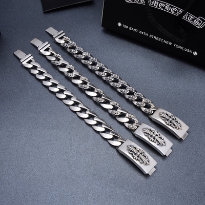 Smooth Stripes and Full Floral Thai Silver Men's Hand Bracelet S925 Sterling Silver