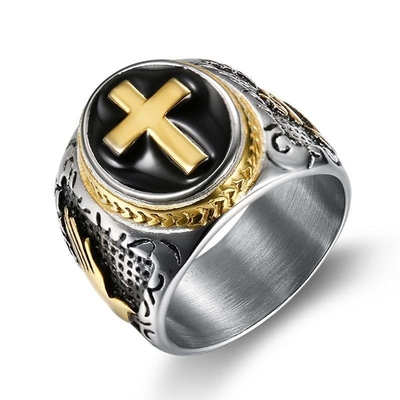 Retro Cross Titanium Steel Men's Ring Hand of God Black Epoxy European and American