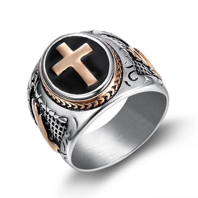 Retro Cross Titanium Steel Men's Ring Hand of God Black Epoxy European and American