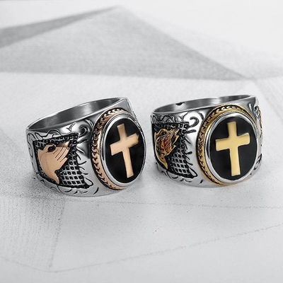 Retro Cross Titanium Steel Men's Ring Hand of God Black Epoxy European and American