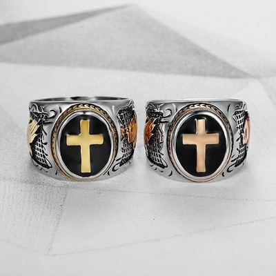Retro Cross Titanium Steel Men's Ring Hand of God Black Epoxy European and American