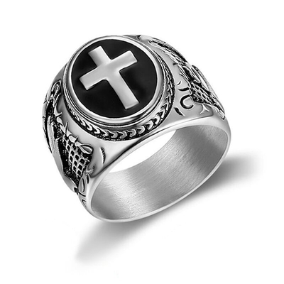 Retro Cross Titanium Steel Men's Ring Hand of God Black Epoxy European and American
