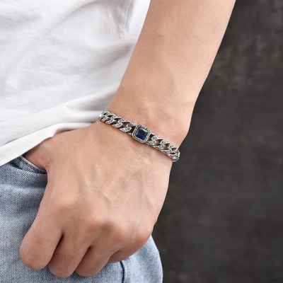 Men's Sophisticated and Refined Blue Zirconium Tang Grass Grain Sterling Silver Cuban