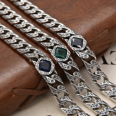 Contracted Style S925 Sterling Silver Niche Design Tank Guba Bracelet for Men and Women Blue Green Black Gem