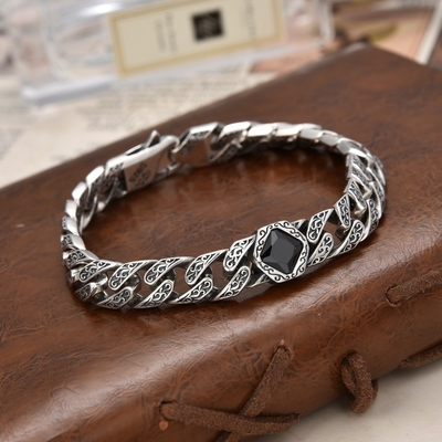 Contracted Style S925 Sterling Silver Niche Design Tank Guba Bracelet for Men and Women Blue Green Black Gem