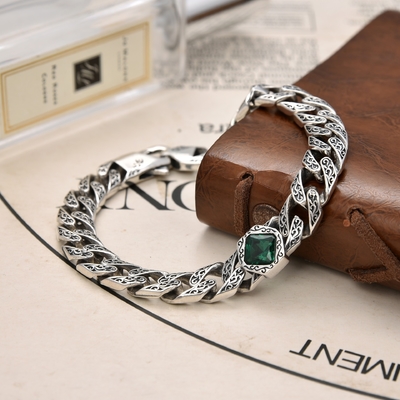 Contracted Style S925 Sterling Silver Niche Design Tank Guba Bracelet for Men and Women Blue Green Black Gem
