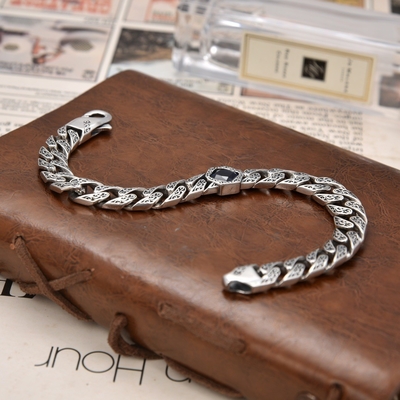 Contracted Style S925 Sterling Silver Niche Design Tank Guba Bracelet for Men and Women Blue Green Black Gem