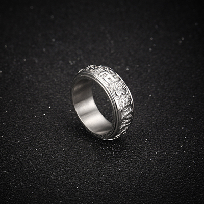Stainless Steel Men's Ring with Six-Character Mantra Buddhist Engraving and Plating