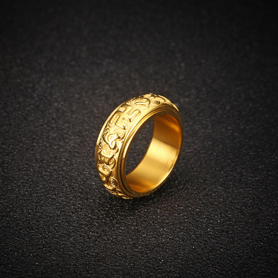 Stainless Steel Men's Ring with Six-Character Mantra Buddhist Engraving and Plating
