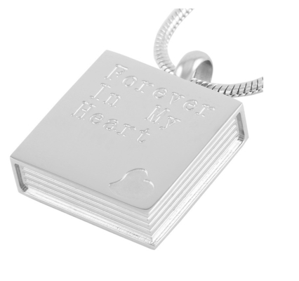 Forever In My Heart Silver Book Shape Cremation Urn Pendant for Memorial Jewelry