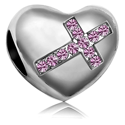 Religious Birthstone Beads Cross Heart Pendant for European Bracelet in Classic Style