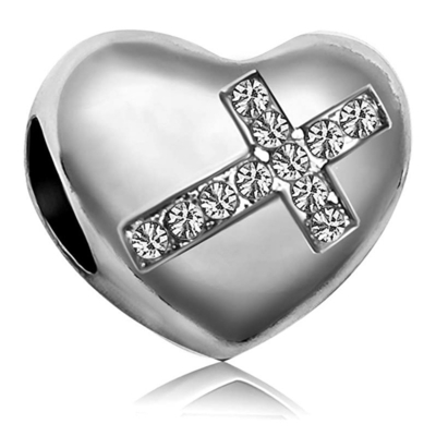 Religious Birthstone Beads Cross Heart Pendant for European Bracelet in Classic Style