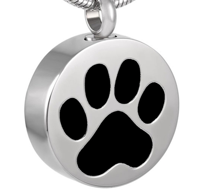 Stainless Steel Round Cremation Urn Necklace For Ashes Black Paw/White Paw/Blank Memorial Pendant Jewelry