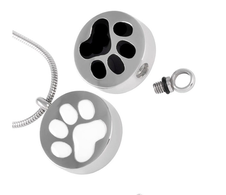 Stainless Steel Round Cremation Urn Necklace For Ashes Black Paw/White Paw/Blank Memorial Pendant Jewelry