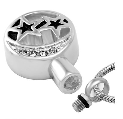 OEM Plating Double Stars In Round Pendant Crystal Necklace Stainless Steel Keepsake Ashes Urn Funeral Cremation Jewelry