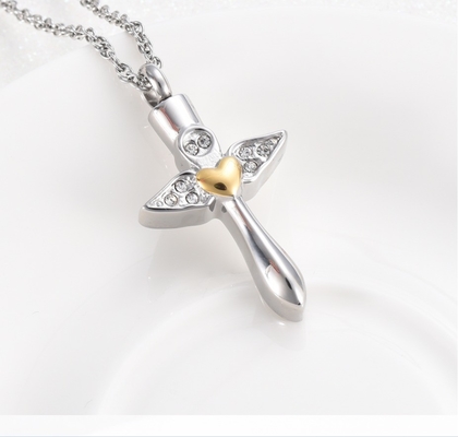 Stainless Steel Angel Wings Heart Cross Cremation Urn Pendant Necklace for Women/Men