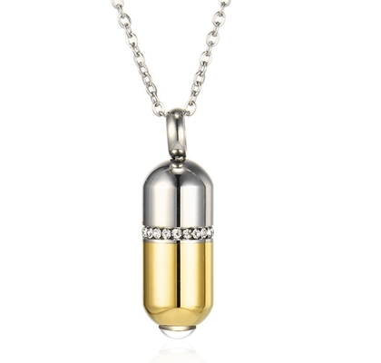 Gift Occasion Stainless Steel Gold Crystal Capsule Locket Cremation Urn Pendant Necklace