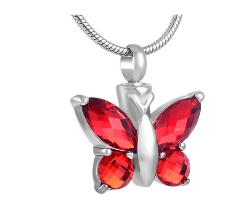 Crystal Butterfly Pendant Necklace Cremation Urn in Purple/Blue/Red/Green/Pink for Memorial Jewelry Keepsake