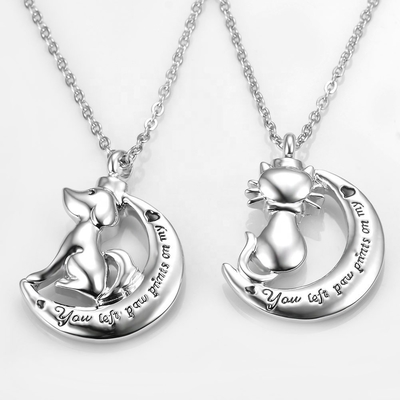 Stainless Steel Dog/Cat Cremation Urn Necklace You Left Paw Print On My Heart Pendant