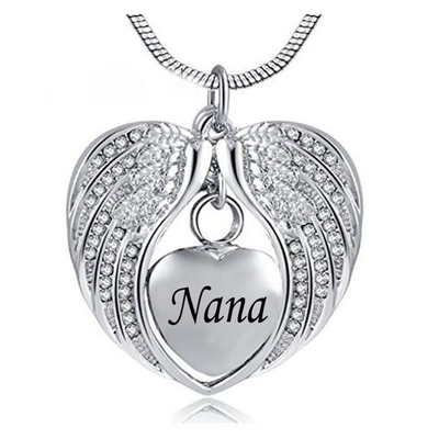Crystal Charm Angel Wing Cremation Urn Necklace Engraved Mom/Dad/Son Memorial Jewelry