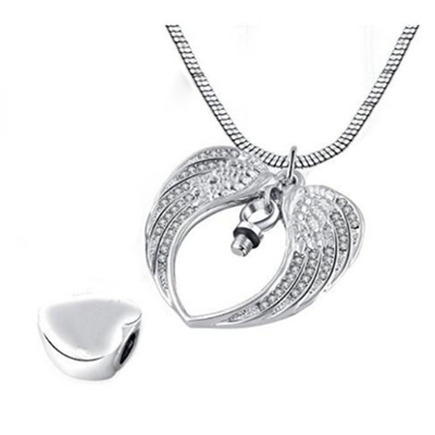 Crystal Charm Angel Wing Cremation Urn Necklace Engraved Mom/Dad/Son Memorial Jewelry