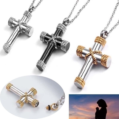Stainless Steel Funeral Cremation Cross Pendant Urn Necklace Memorial Keepsake Jewelry
