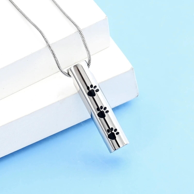 Stainless Steel Paw Print Cylinder Cremation Urn Necklace for Ashes Keepsake Pendant for Women Men