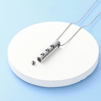 Stainless Steel Paw Print Cylinder Cremation Urn Necklace for Ashes Keepsake Pendant for Women Men