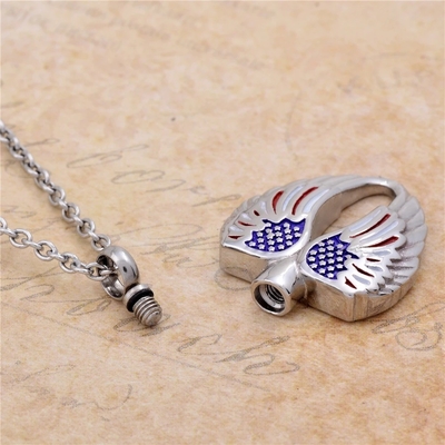 America Flag Shape Cremation Urn Necklace for Ashes Keepsake Angel Wings Pendant Plating