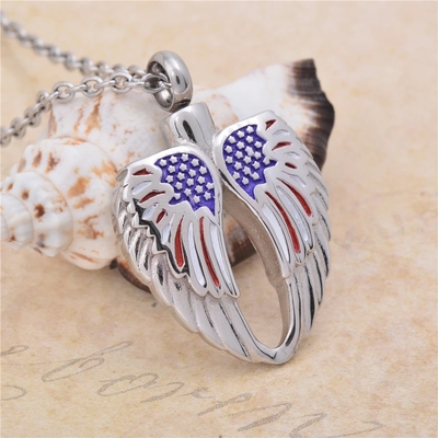 America Flag Shape Cremation Urn Necklace for Ashes Keepsake Angel Wings Pendant Plating
