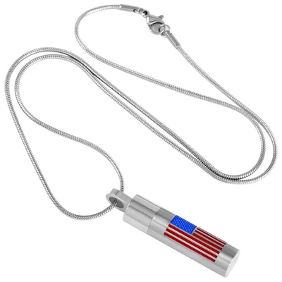 Engraved Stainless Steel US National Flag Open Tube Perfume Bottle Cremation Necklace