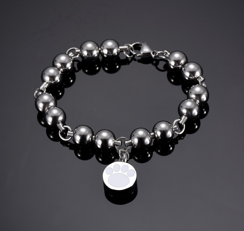 Stainless Steel Bead Chain Bracelet with Paw Print Charm Cremation Jewelry Bangles